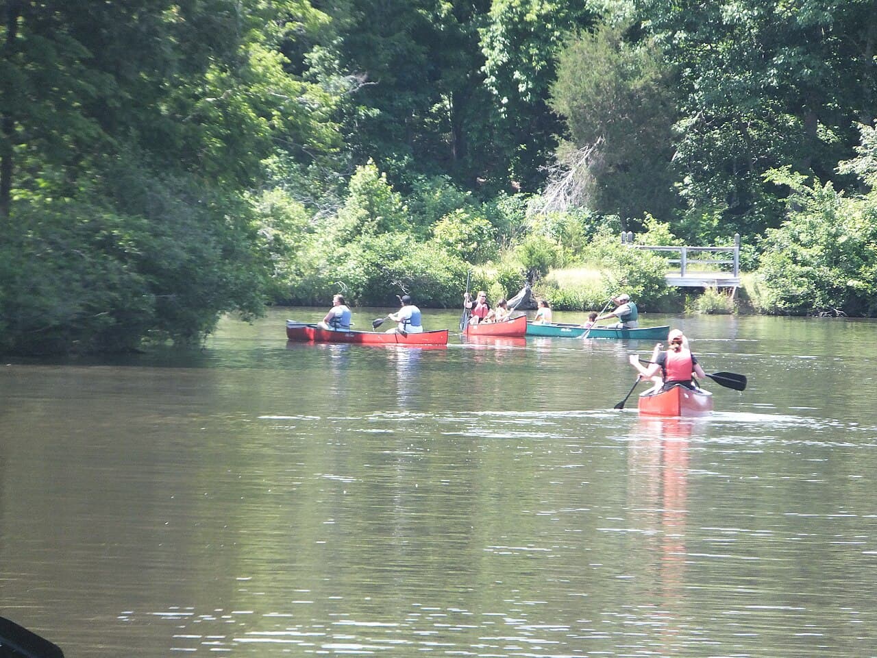 Grupo de jóvenes en canoas durante una actividad de verano