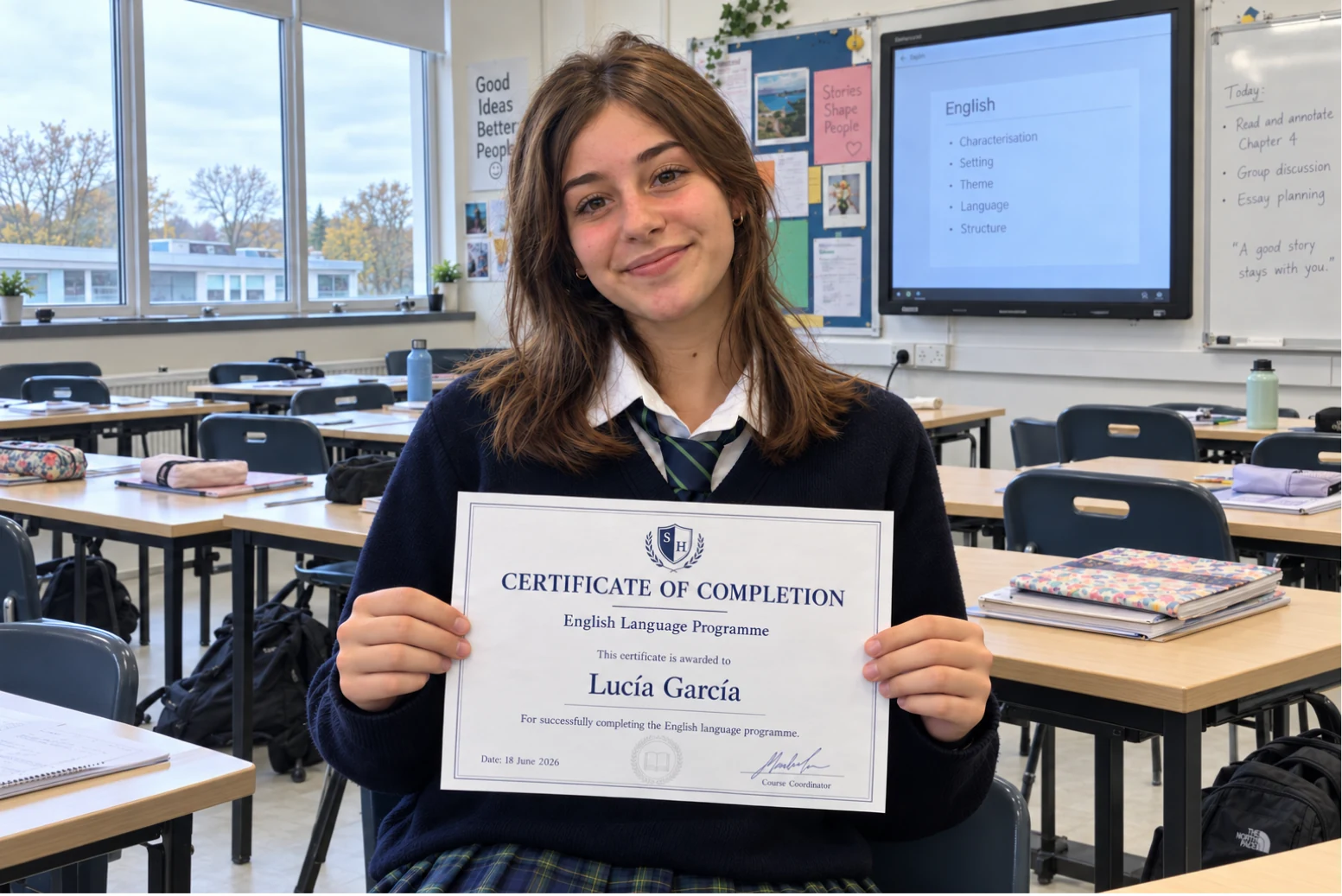 Alumna de Europaplus con el certificado oficial de su colegio irlandés